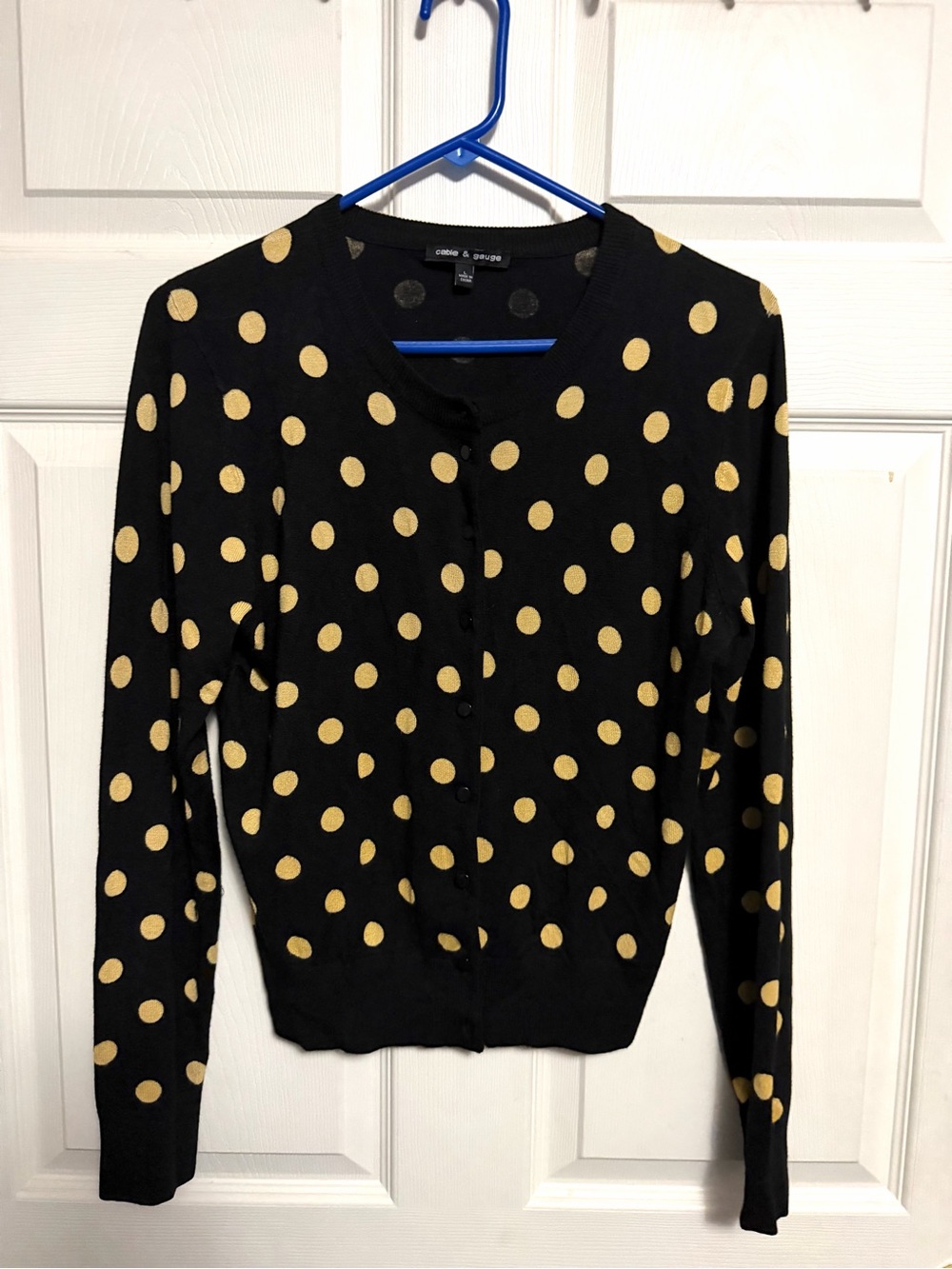 Cable and Gauge Black Cardigan with Gold Polka Dots